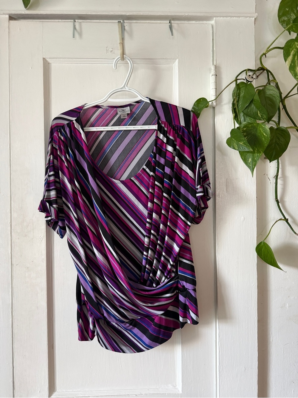 Worthington Diagonal Stripe Wrap Top in Purple, Black and Gray